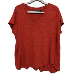 Tahari 100% Linen Slub Knit V Neck Shirt Women 1X Dark Orange Asymmetric Coastal
